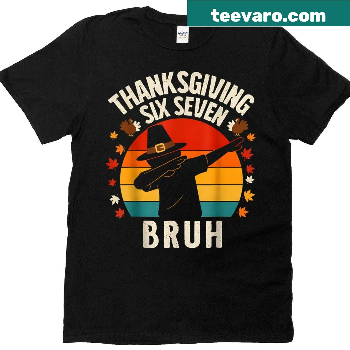 Thanksgiving T-shirt with a dabbing turkey and 'Six Seven Bruh' text — on a men's t-shirt