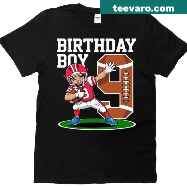 Kids' T-shirt featuring a dabbing football player celebrating a 9th birthday