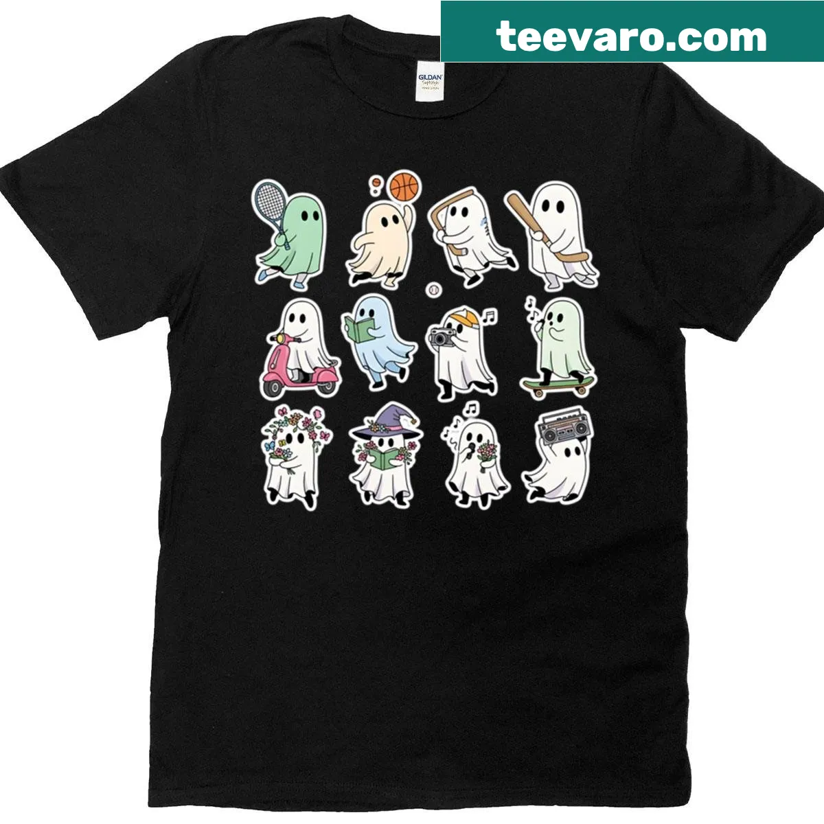 Cute t-shirt featuring ghosts playing sports and enjoying hobbies — on a men's t-shirt