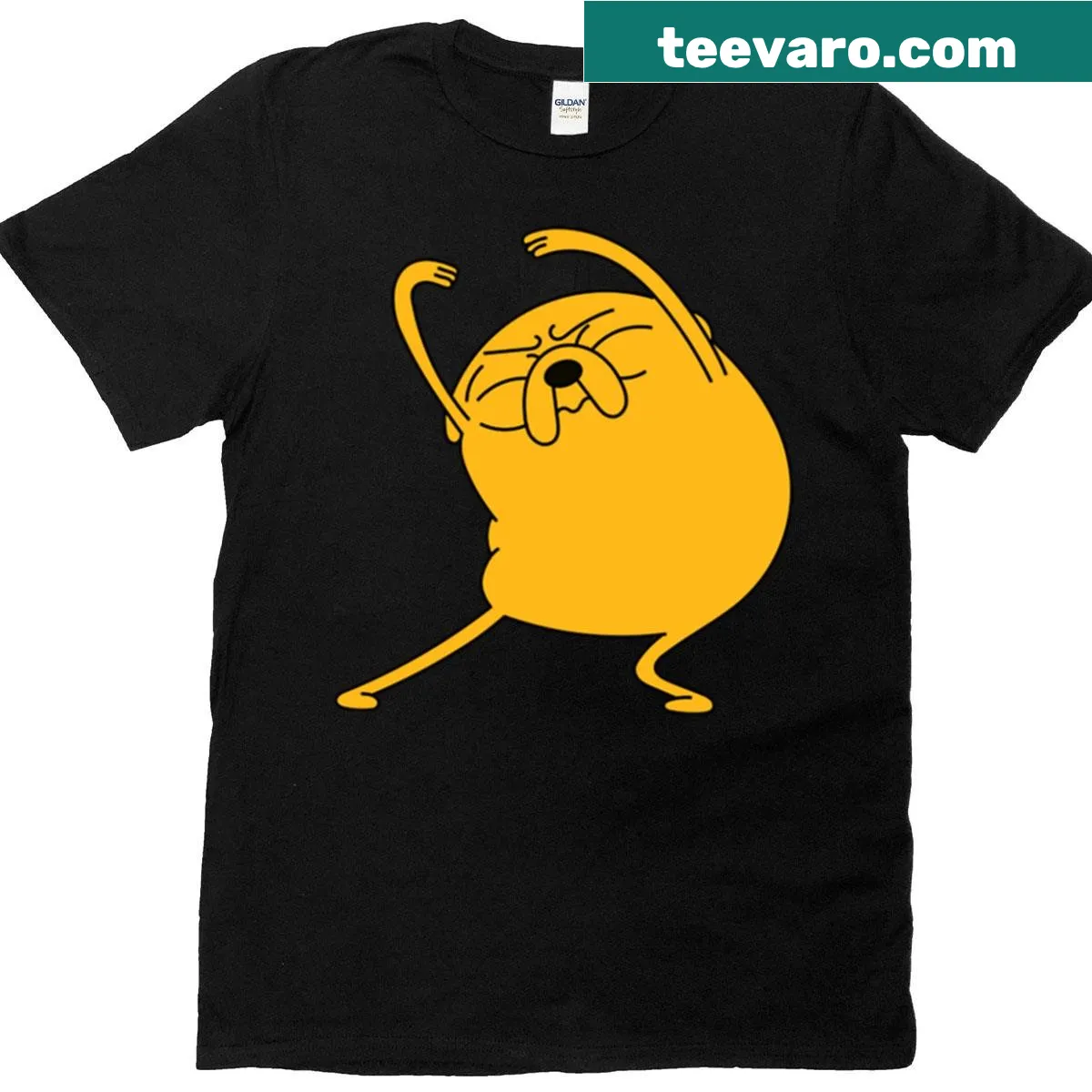 Playful Adventure Time Jake stretching graphic on a t-shirt — on a men's t-shirt