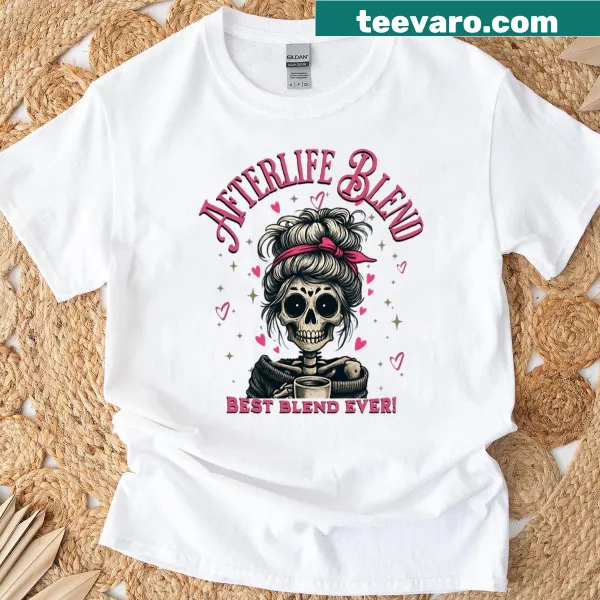 Vintage-style T-shirt with a skeleton and coffee woman illustration