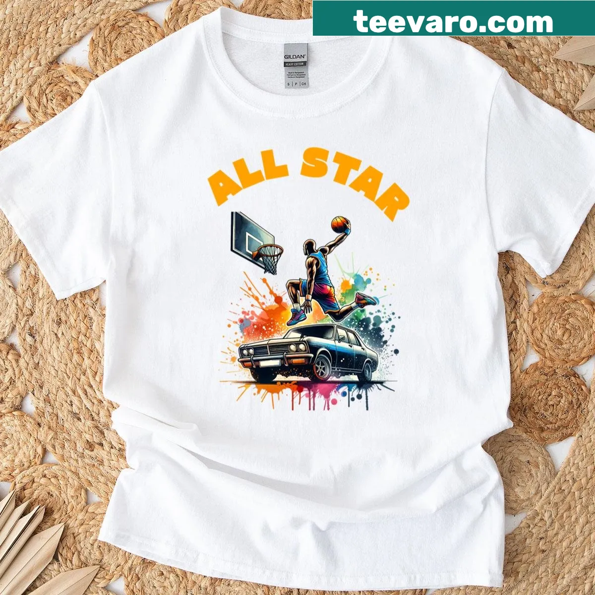 Basketball t-shirt featuring a slam dunk graphic — on a men's t-shirt