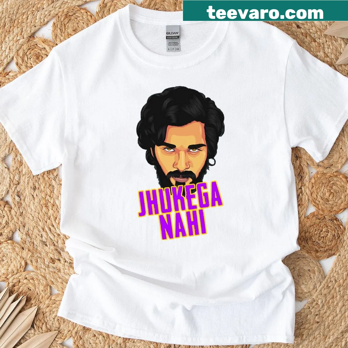 Oversized T-shirt with the phrase 'Pushpa Jhukega Nahi' associated with Allu Arjun — on a men's t-shirt