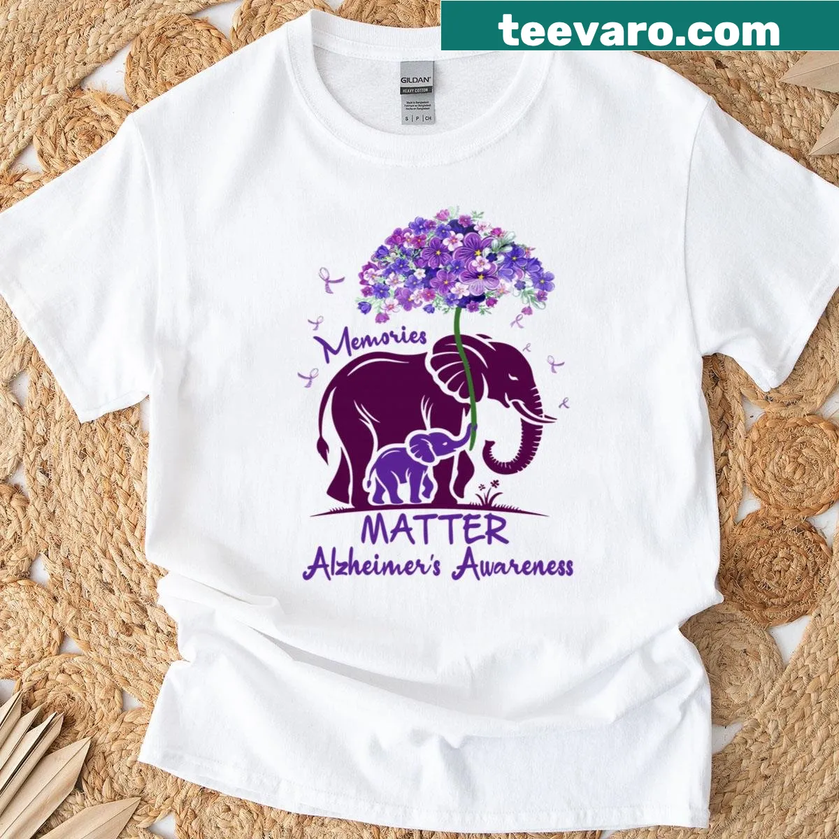 Elephant and purple ribbon graphic promoting Alzheimer's awareness — on a men's t-shirt