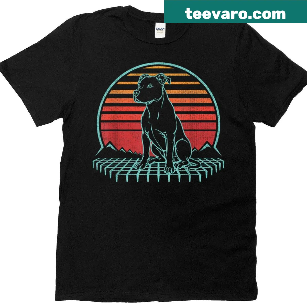 Retro 80s American Staffordshire Terrier graphic on a t-shirt — on a men's t-shirt