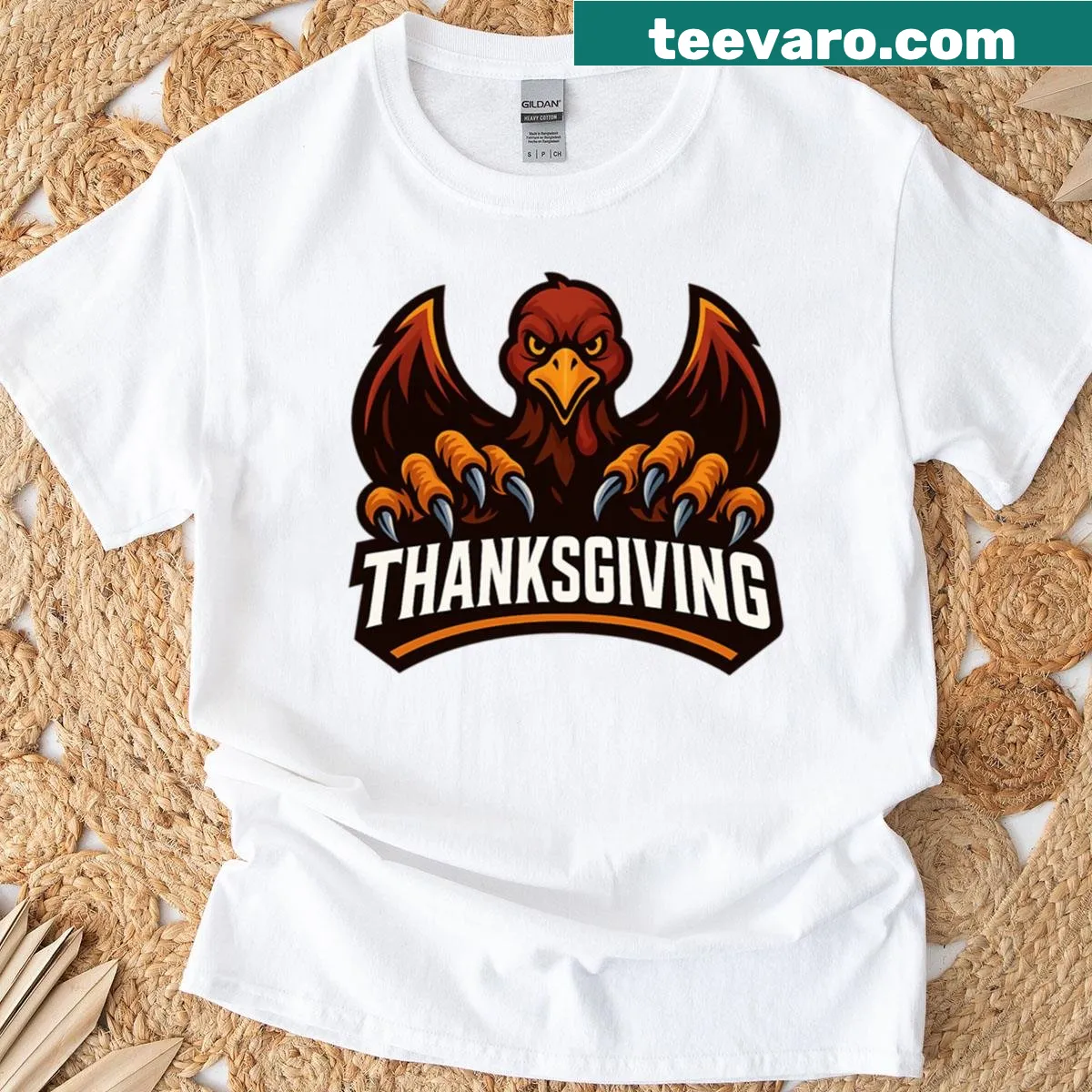 Fierce turkey mascot Thanksgiving T-shirt with warrior emblem design — on a men's t-shirt