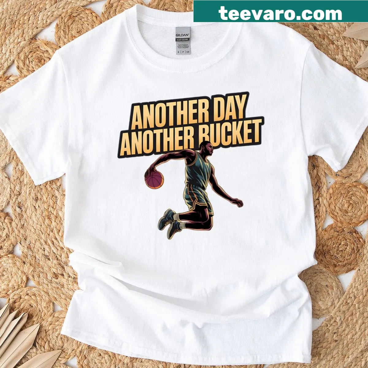 Motivational basketball t-shirt with the phrase 'Another Day Another Bucket' — on a men's t-shirt