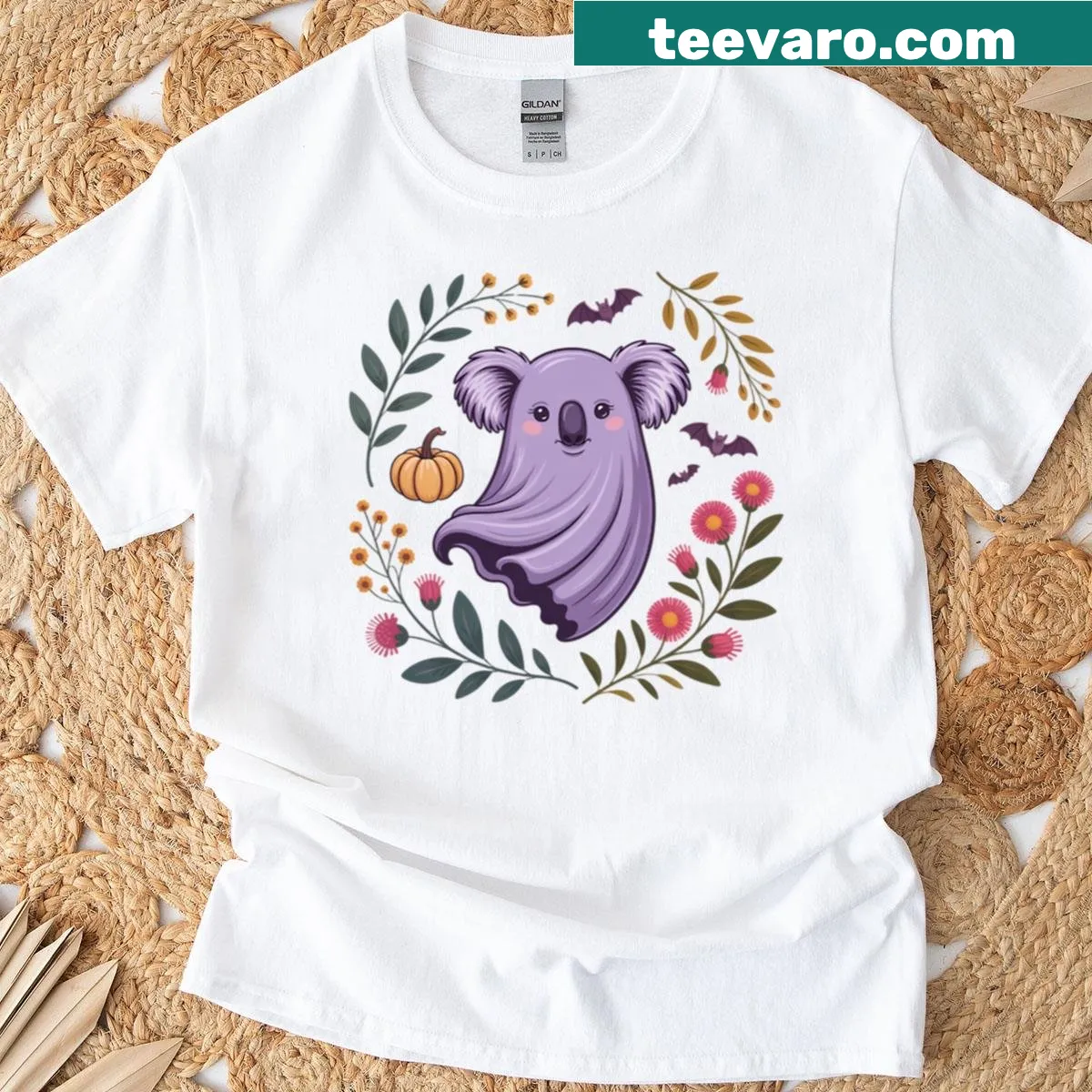 Koala ghost surrounded by wildflowers on a Halloween-themed t-shirt — on a men's t-shirt