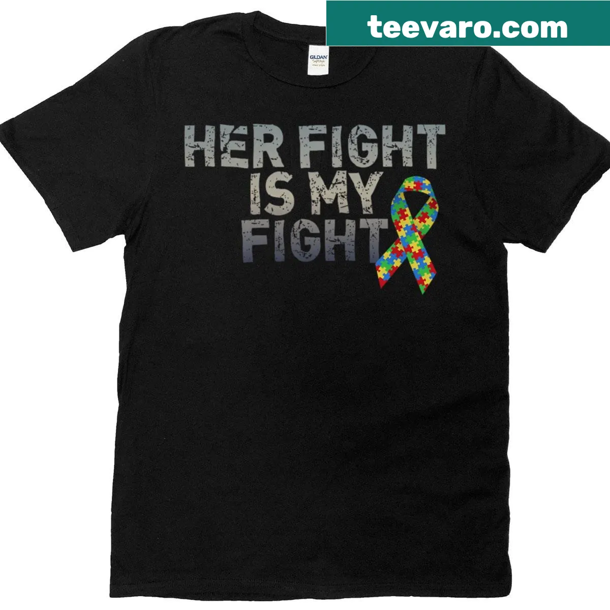 T-shirt with the message 'Her Fight Is My Fight' for autism awareness — on a men's t-shirt