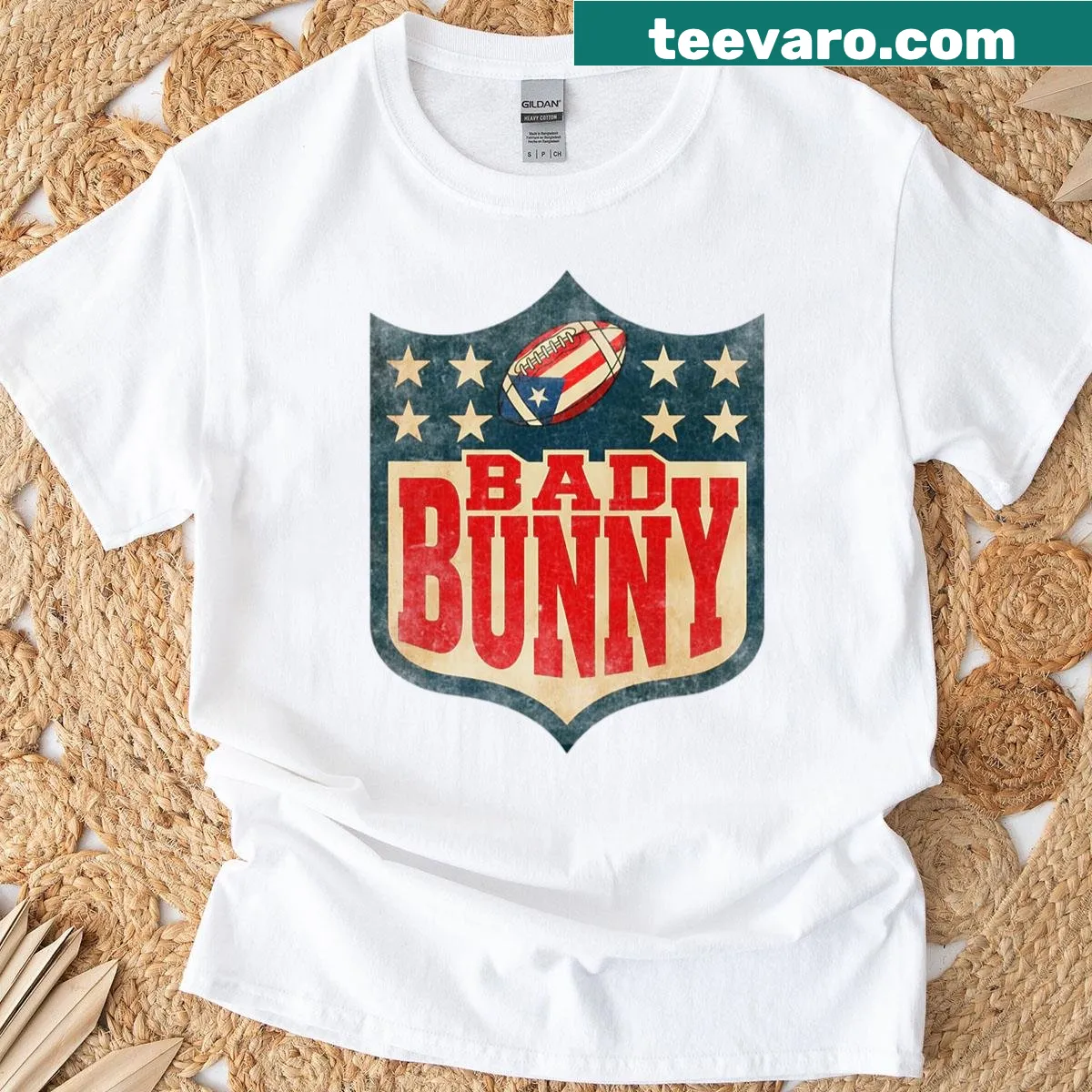 Bad Bunny Puerto Rico shield logo T-shirt for football fans. — on a men's t-shirt