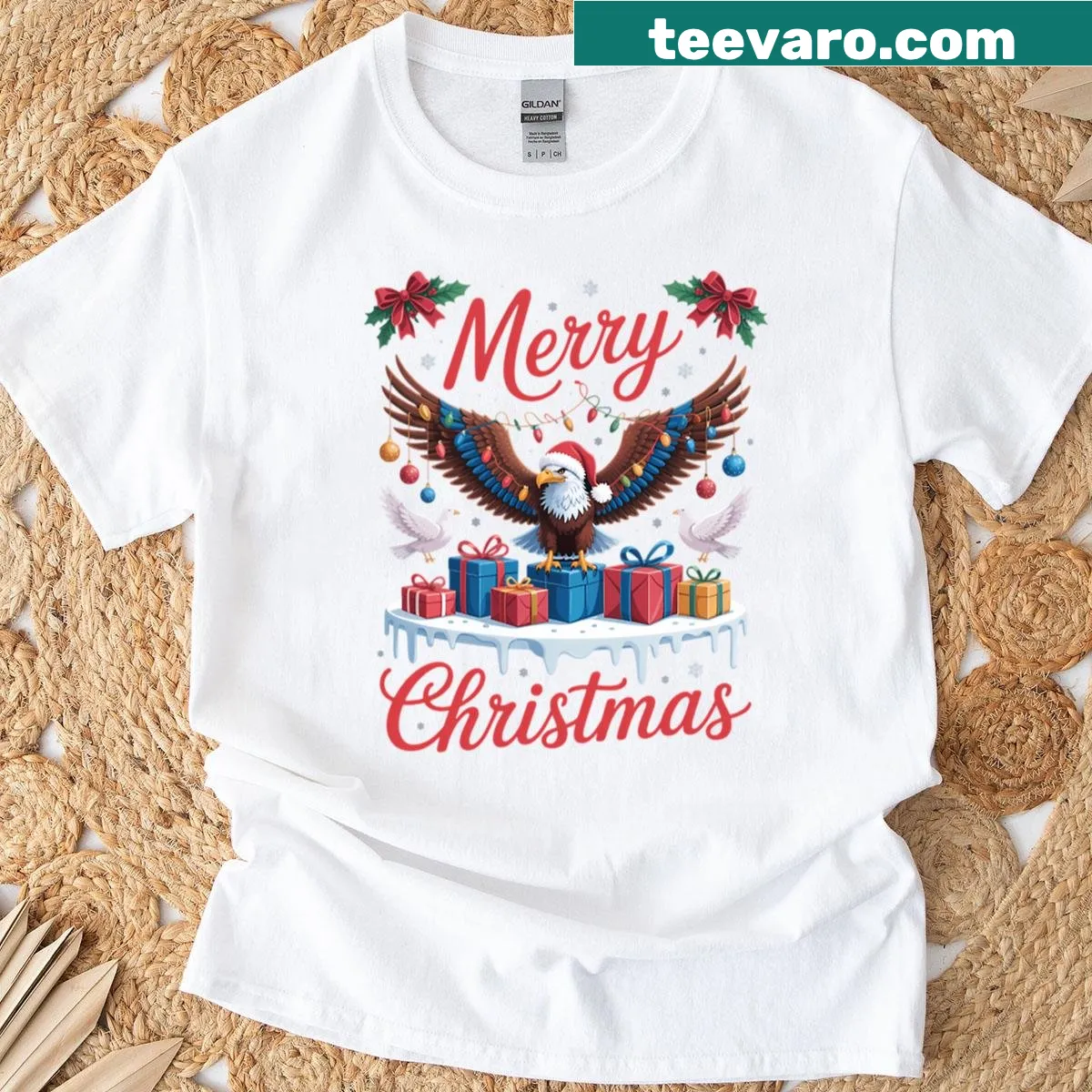 Santa with bald eagle and Christmas lights graphic t-shirt — on a men's t-shirt
