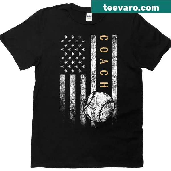 Patriotic baseball coach t-shirt with American flag and baseball graphic