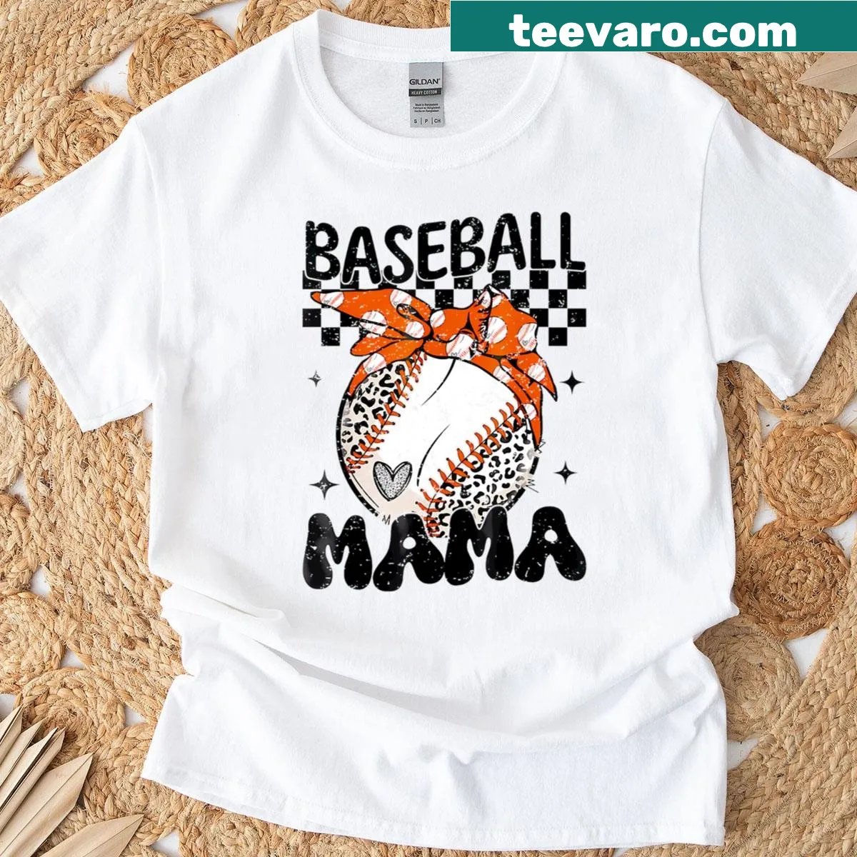 Baseball Mama shirt with leopard print design and typography. — on a men's t-shirt