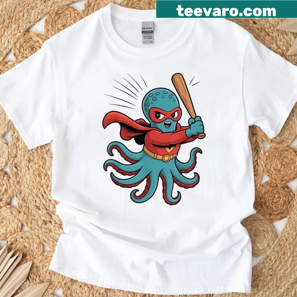 Cartoon octopus superhero baseball design T-shirt