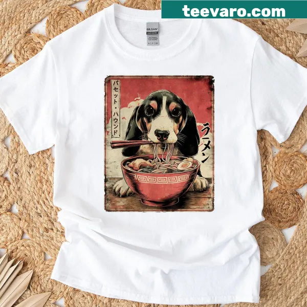 Vintage basset hound and ramen graphic on a T-shirt