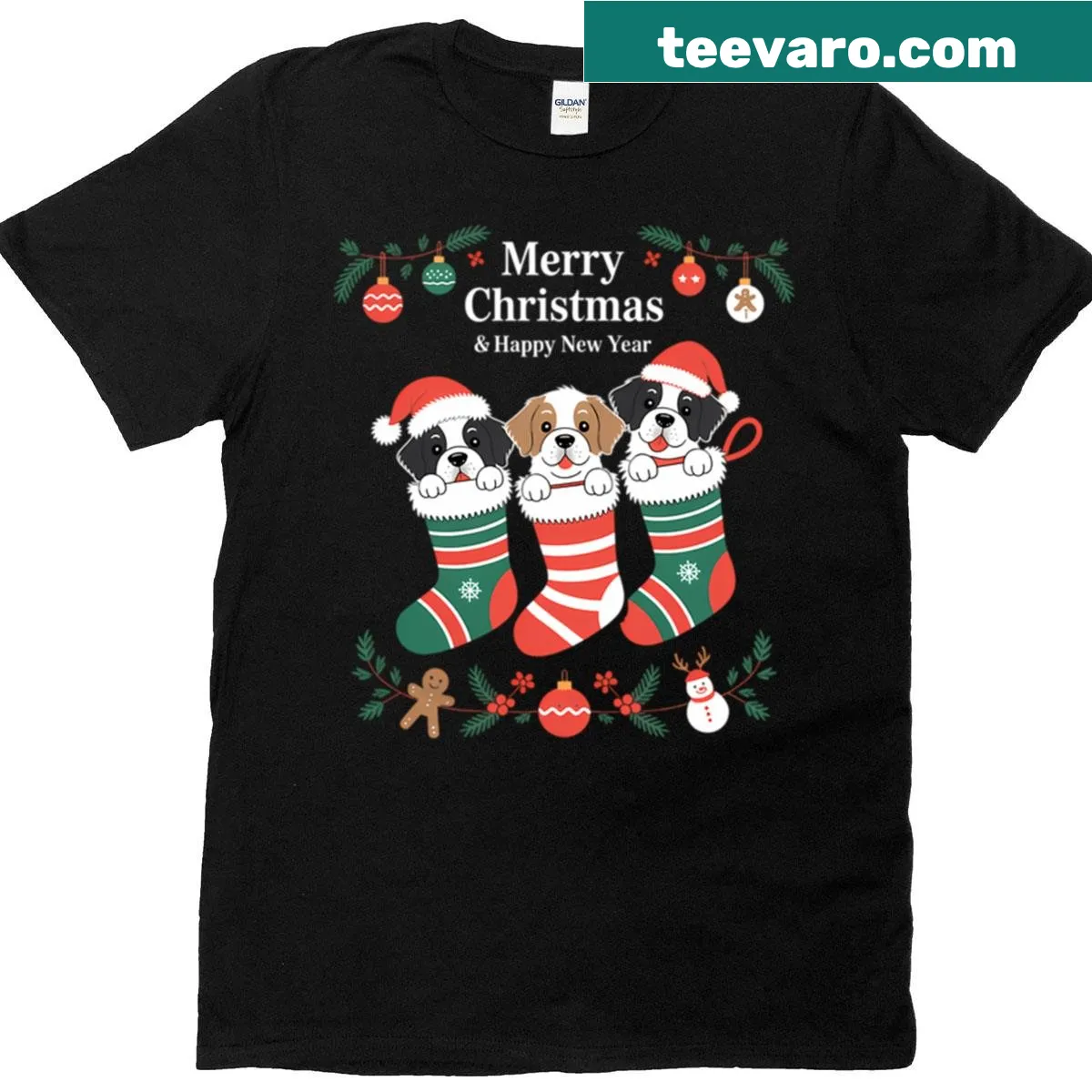 Illustration of a Bernedoodle dog in a Christmas setting — on a men's t-shirt