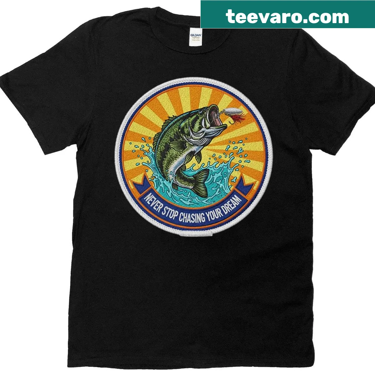 Bold bass fishing design t-shirt showcasing a dynamic illustration of a big bass — on a men's t-shirt