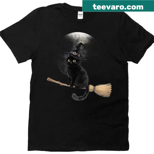 Cute black cat graphic on a Halloween-themed T-shirt