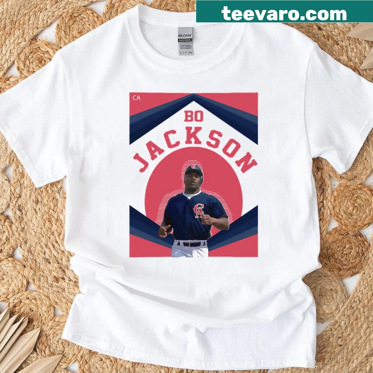 Bo Jackson Angels shirt with sports-themed illustration — on a men's t-shirt