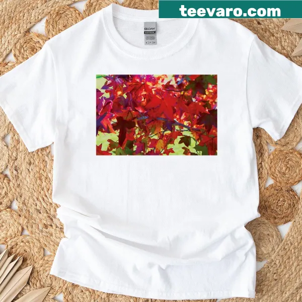T-shirt featuring illustration of bright red Liquidambar leaves