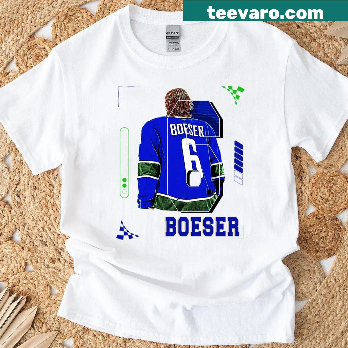 Dynamic graphic of Brock Boeser on a hockey-themed T-shirt. — on a men's t-shirt