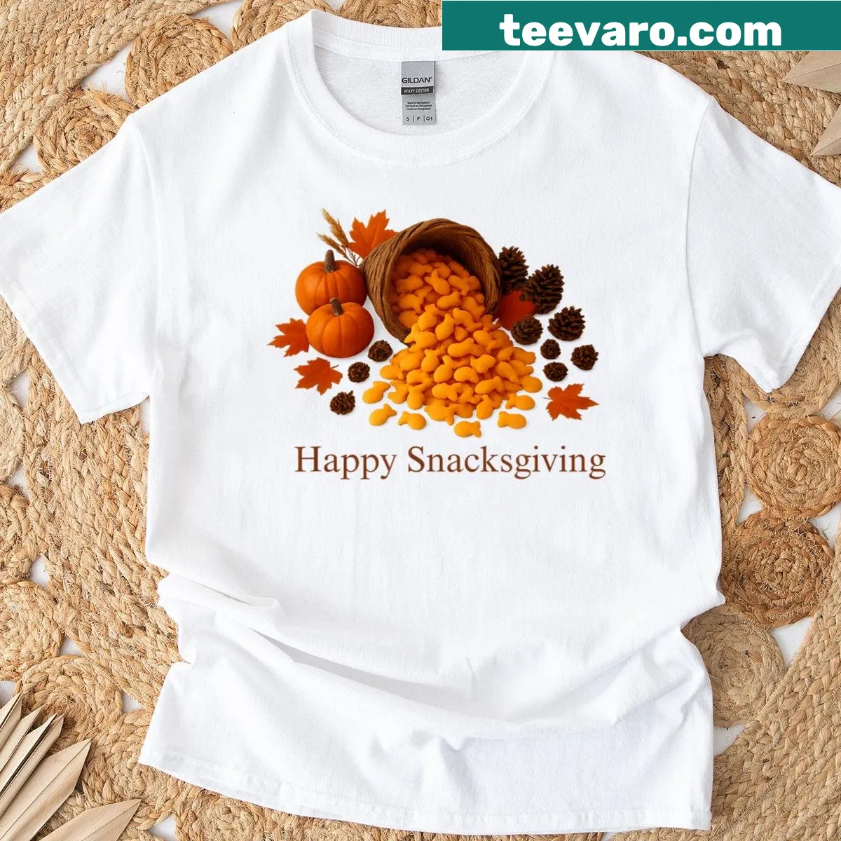 Playful T-shirt featuring a cartoon goldfish cracker — on a men's t-shirt