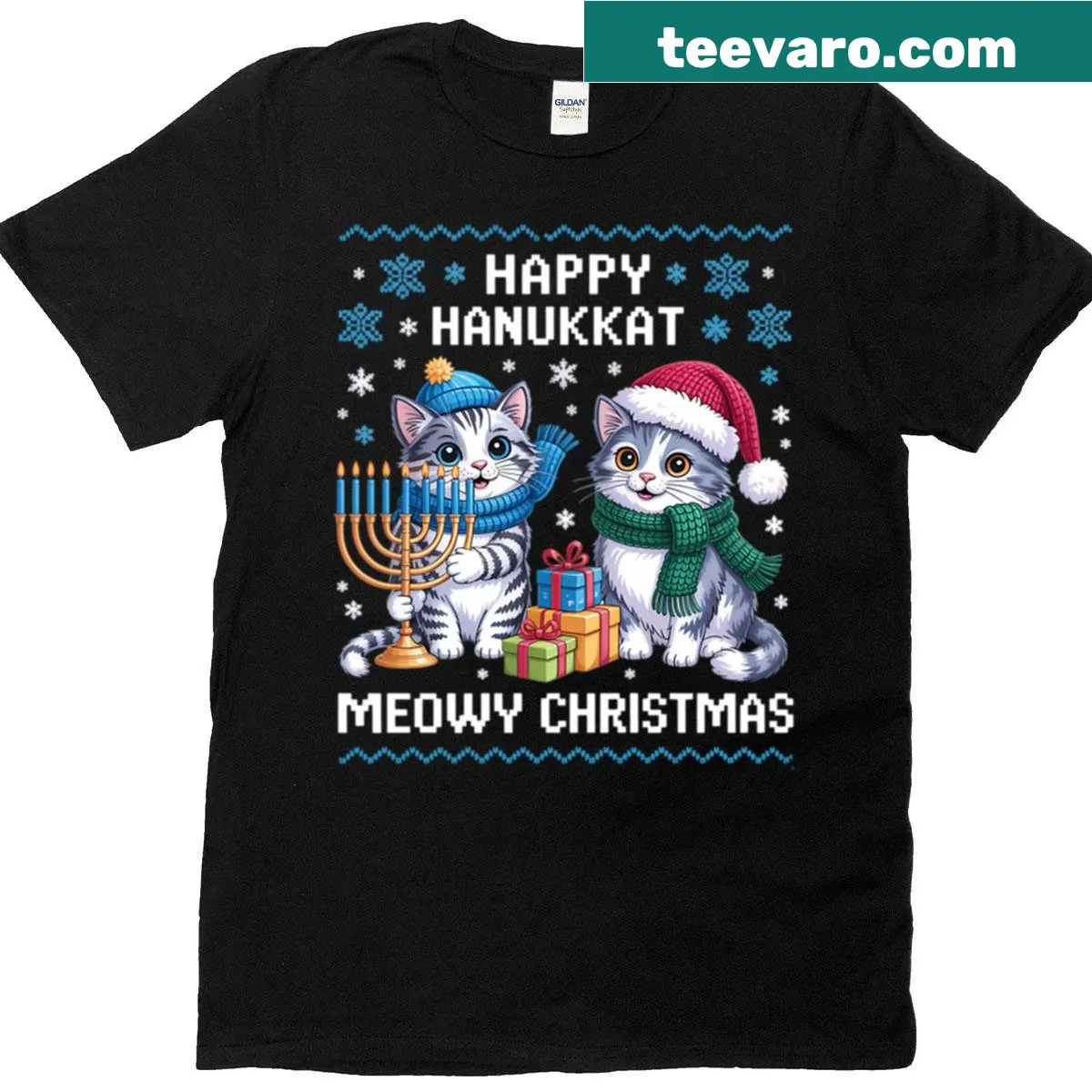 Festive t-shirt with cat and Merry Christmas Happy Hanukkah text — on a men's t-shirt