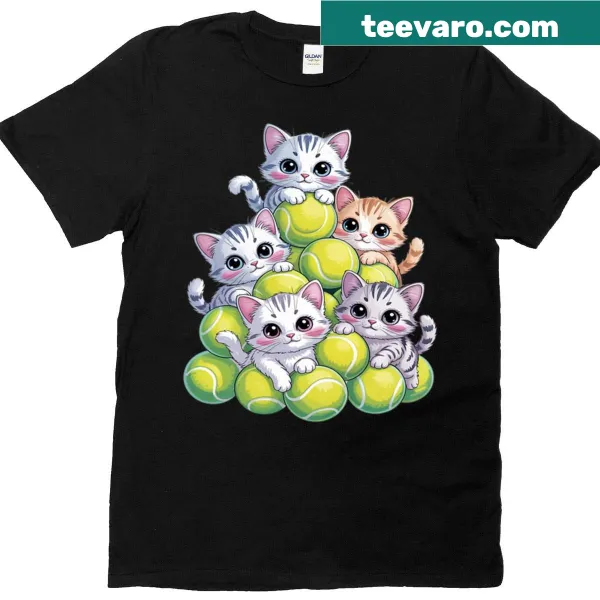 Illustration of cats and tennis balls on a t-shirt for pet owners
