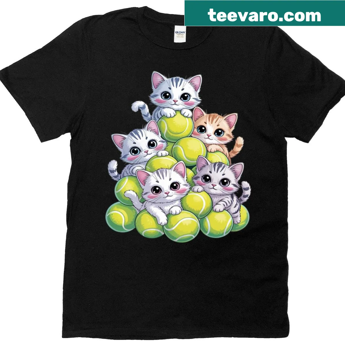 Illustration of cats and tennis balls on a t-shirt for pet owners — on a men's t-shirt