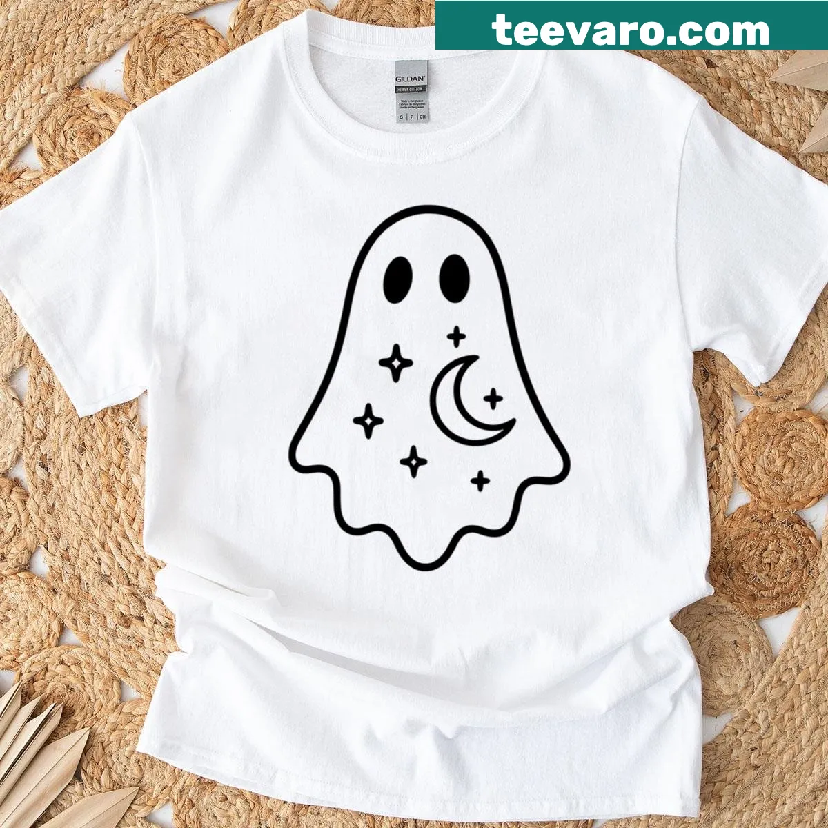 Minimalist line art of celestial ghosts on a T-shirt. — on a men's t-shirt