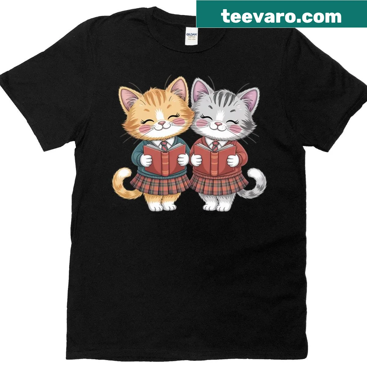 Whimsical orange kitties illustrated reading poems on a T-shirt — on a men's t-shirt
