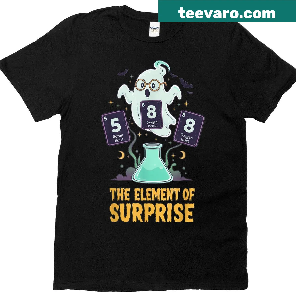 Funny Chemistry T-shirt saying 'Boo The Element Of Surprise' — on a men's t-shirt