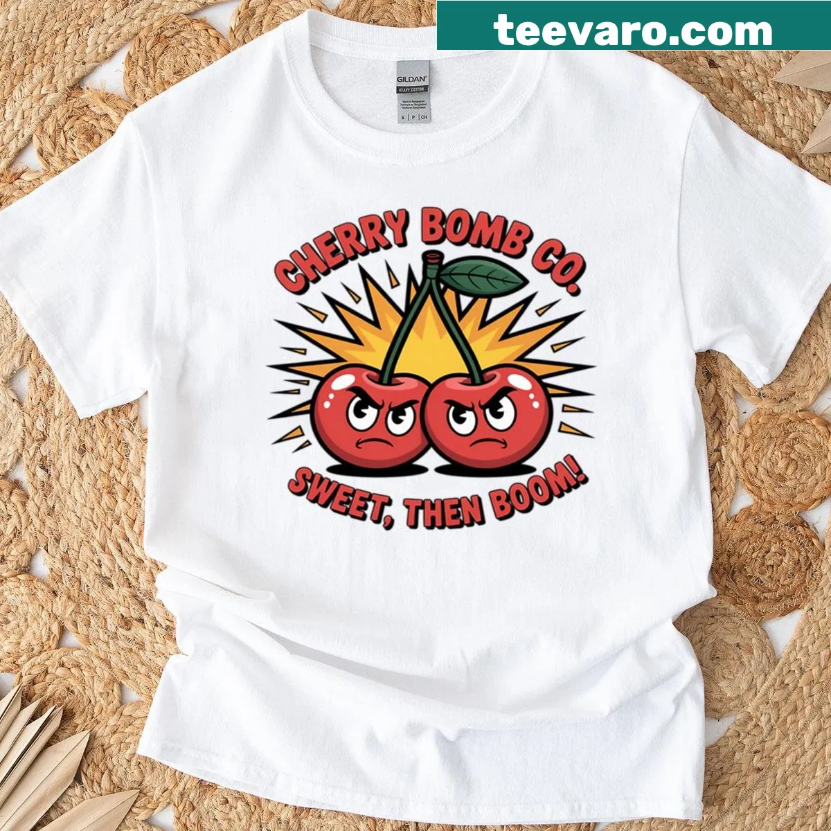 Playful cherry graphic bursting with energy on T-shirt — on a men's t-shirt