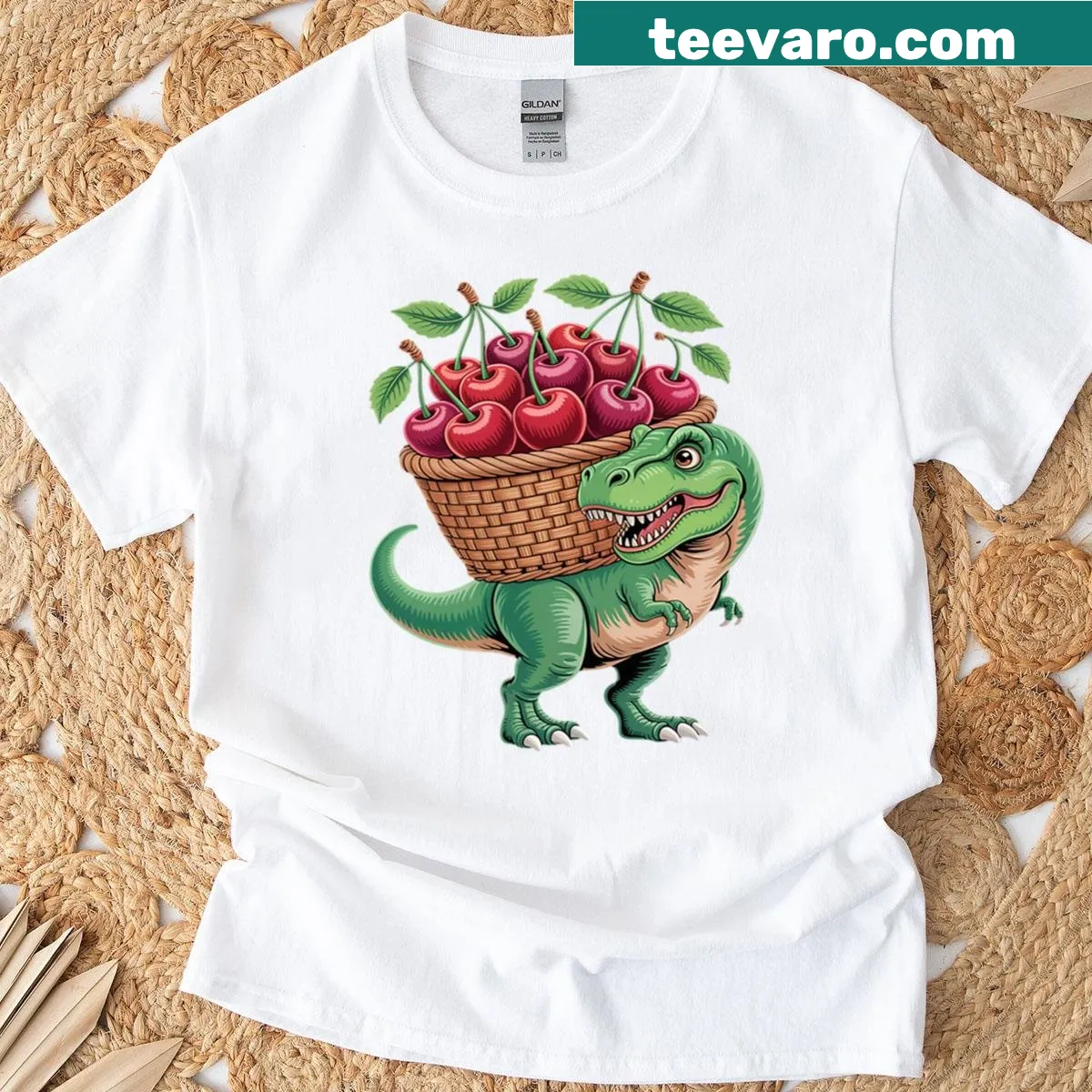 Playful cartoon design of dinosaurs with cherries for dinosaur lovers. — on a men's t-shirt