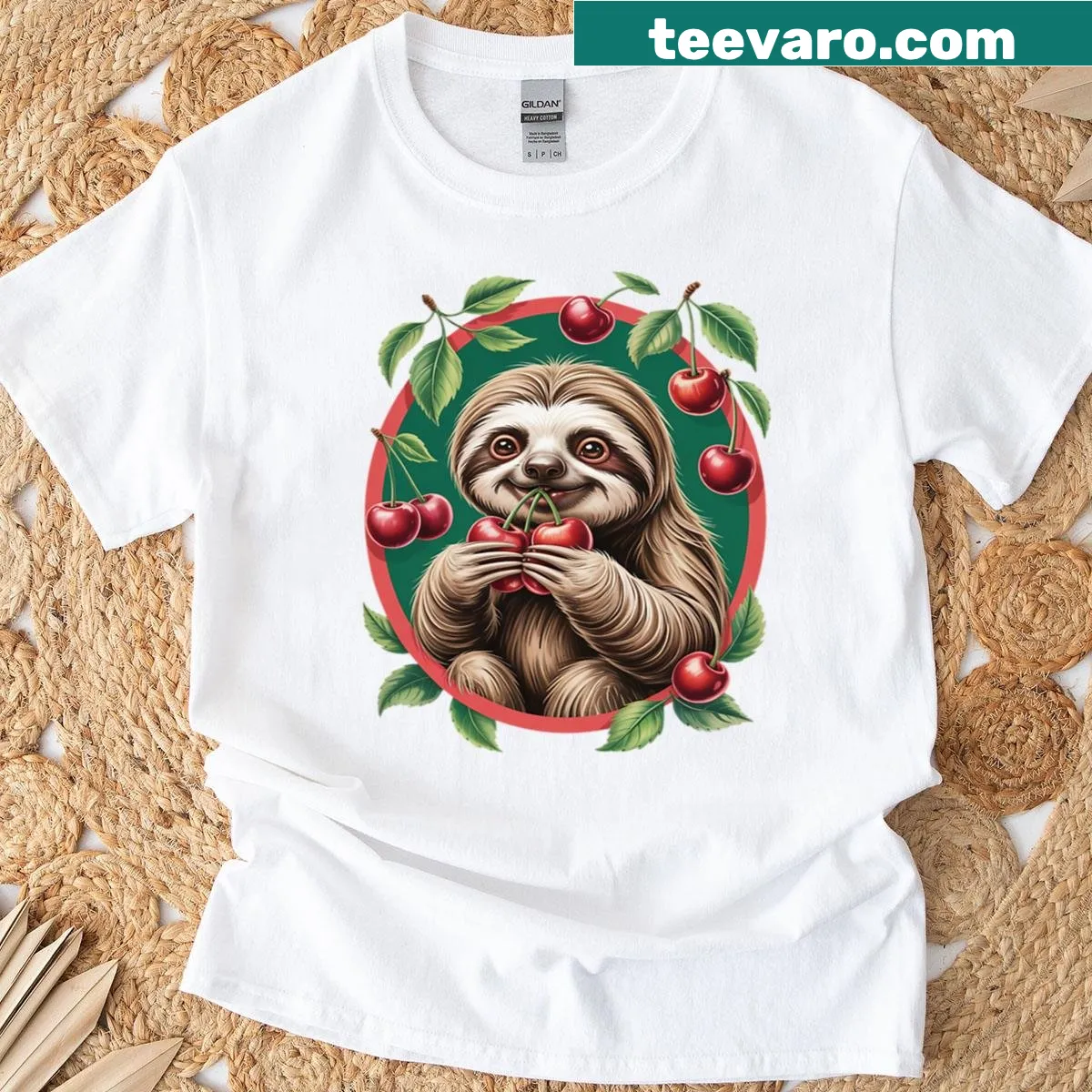 T-shirt featuring a cute sloth with cherries, perfect for sloth lovers — on a men's t-shirt