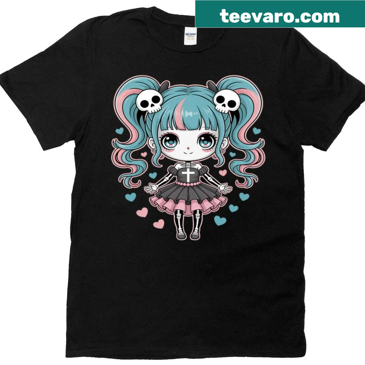 Chibi-style gothic skeleton girl illustration on T-shirt — on a men's t-shirt