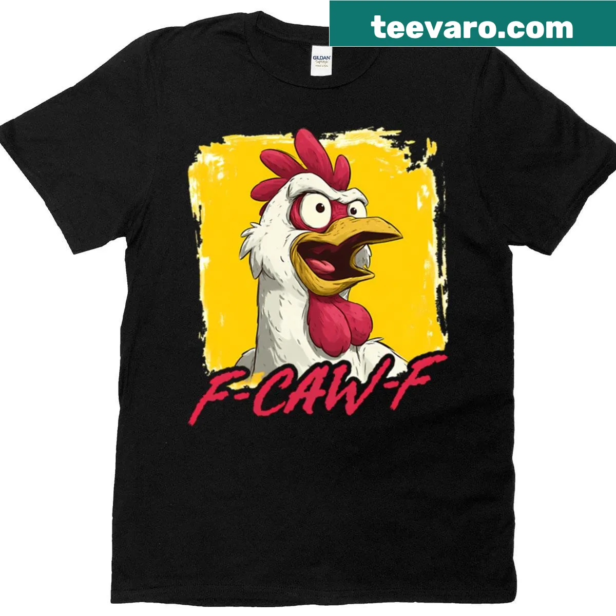 Funny T-shirt with rooster-themed pun text — on a men's t-shirt