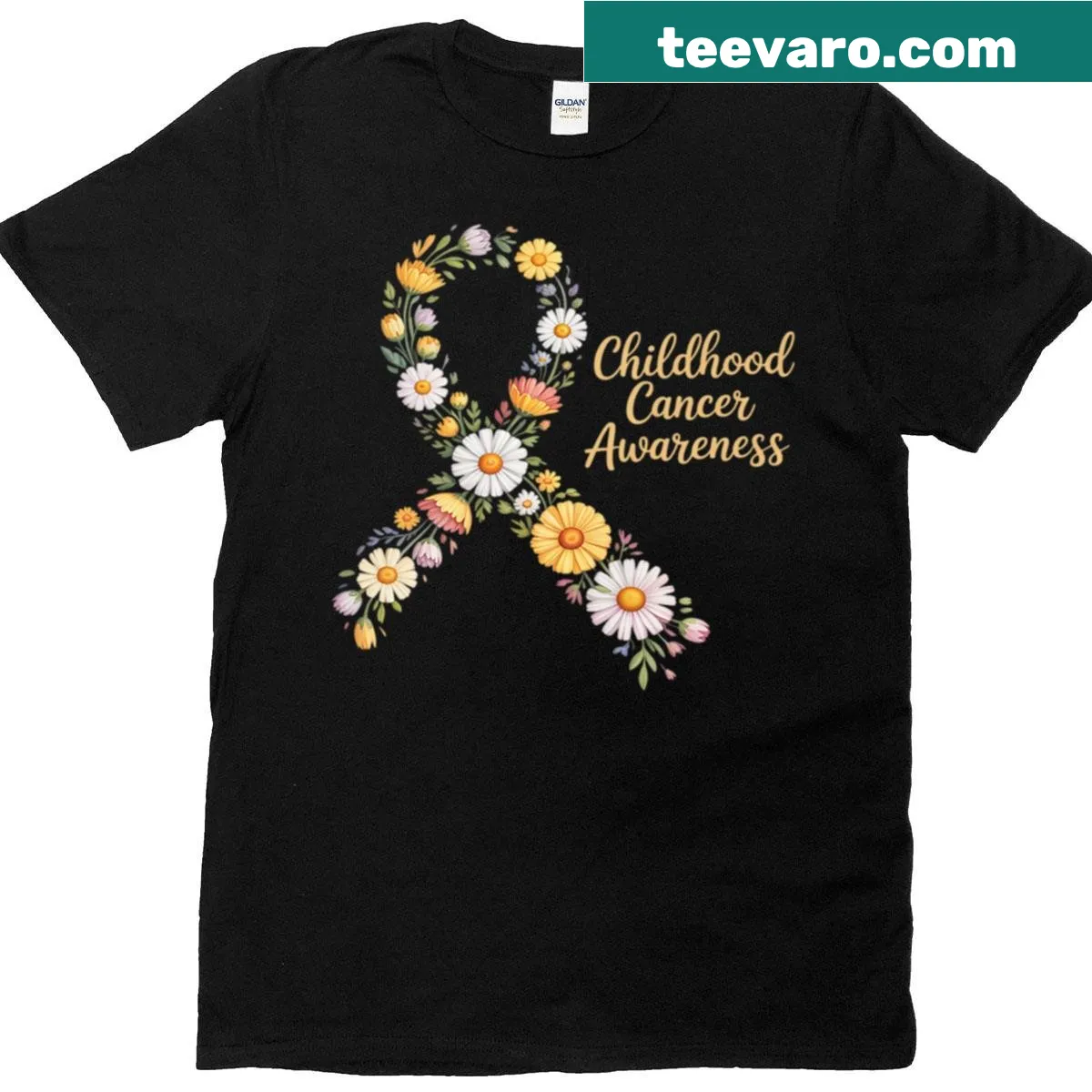T-shirt featuring gold ribbon and flower graphic for cancer awareness — on a men's t-shirt