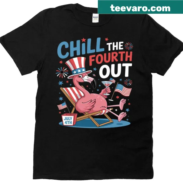 Cartoon flamingo with drink and US flag for Fourth of July