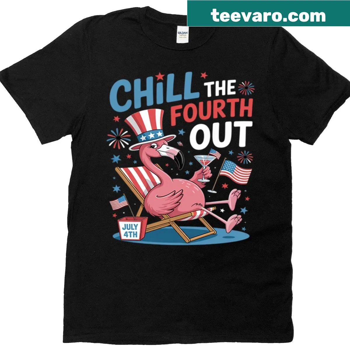 Cartoon flamingo with drink and US flag for Fourth of July — on a men's t-shirt