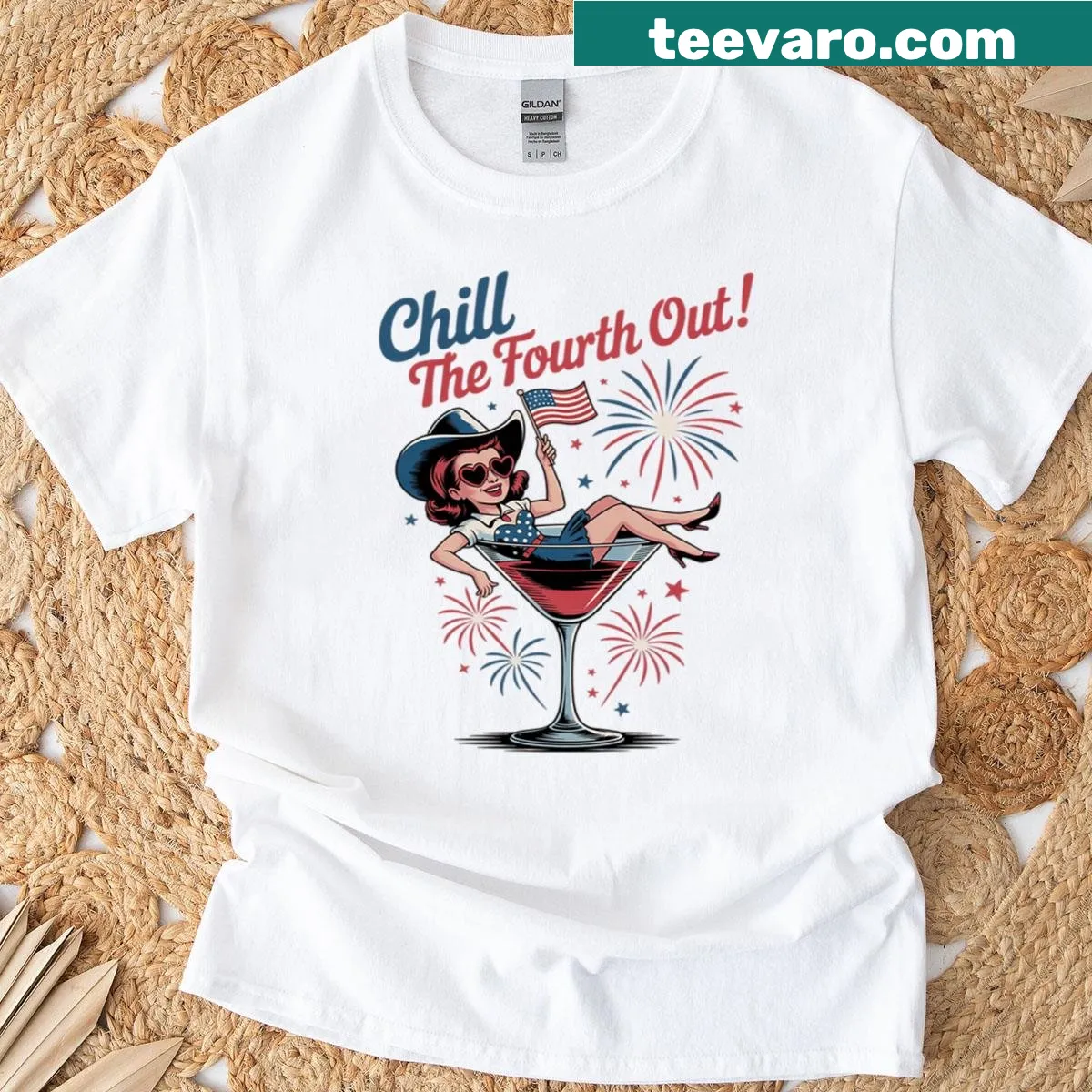Illustration of fireworks and a martini glass on a July 4th shirt — on a men's t-shirt
