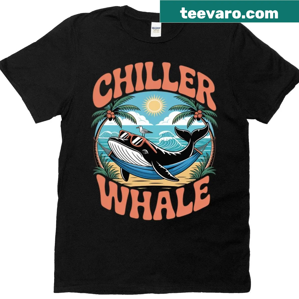 Funny whale graphic wearing sunglasses in a hammock on a t-shirt — on a men's t-shirt