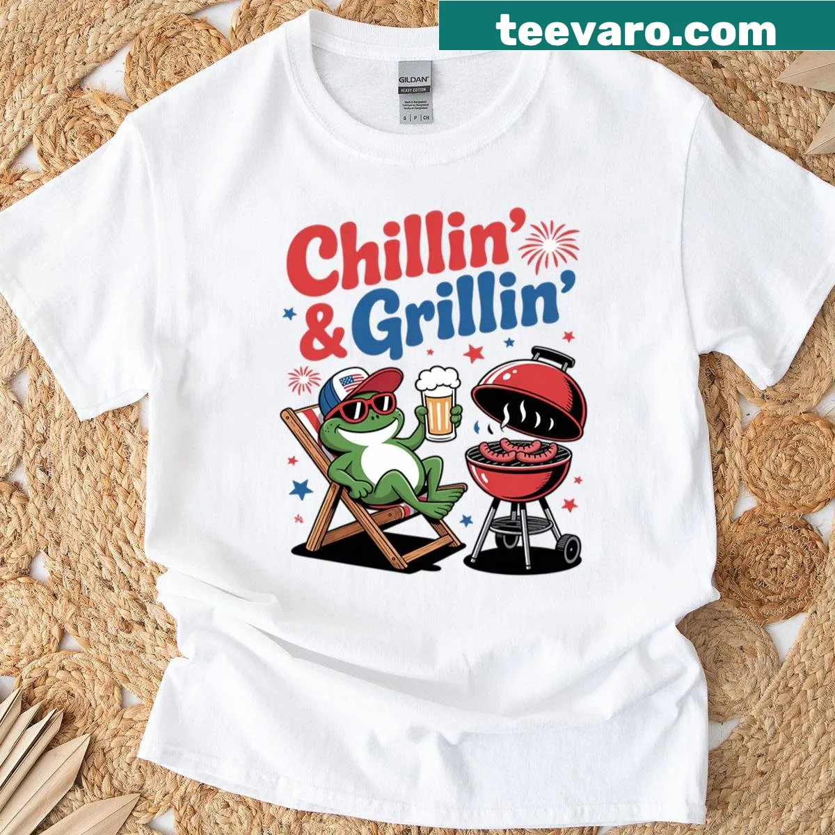 Patriotic graphic of a frog grilling for the Fourth of July — on a men's t-shirt
