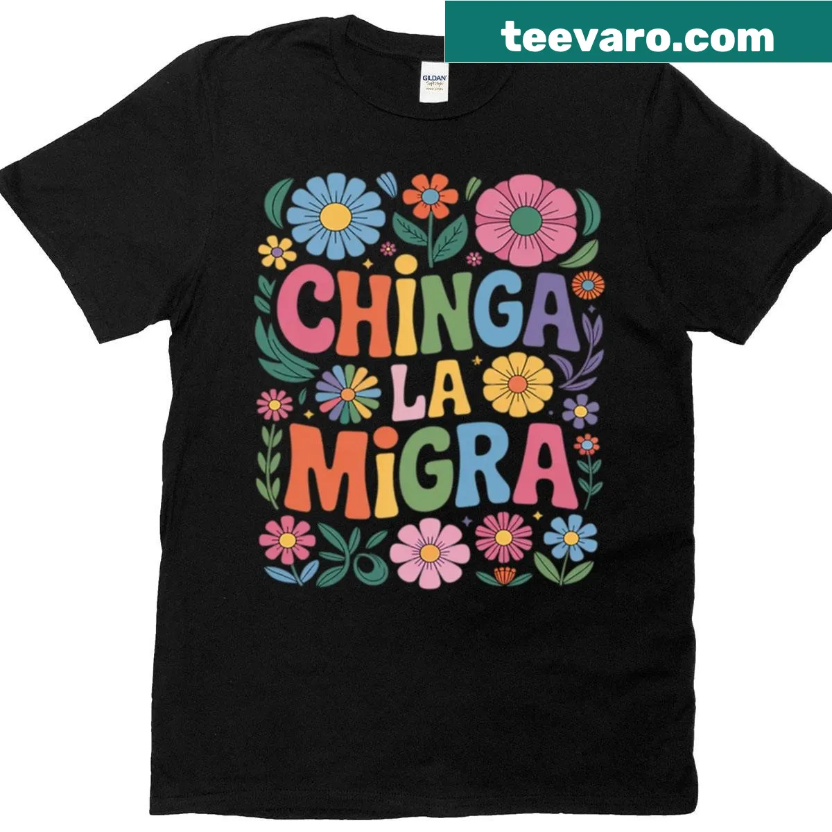 Boho floral Chinga La Migra t-shirt with text — on a men's t-shirt
