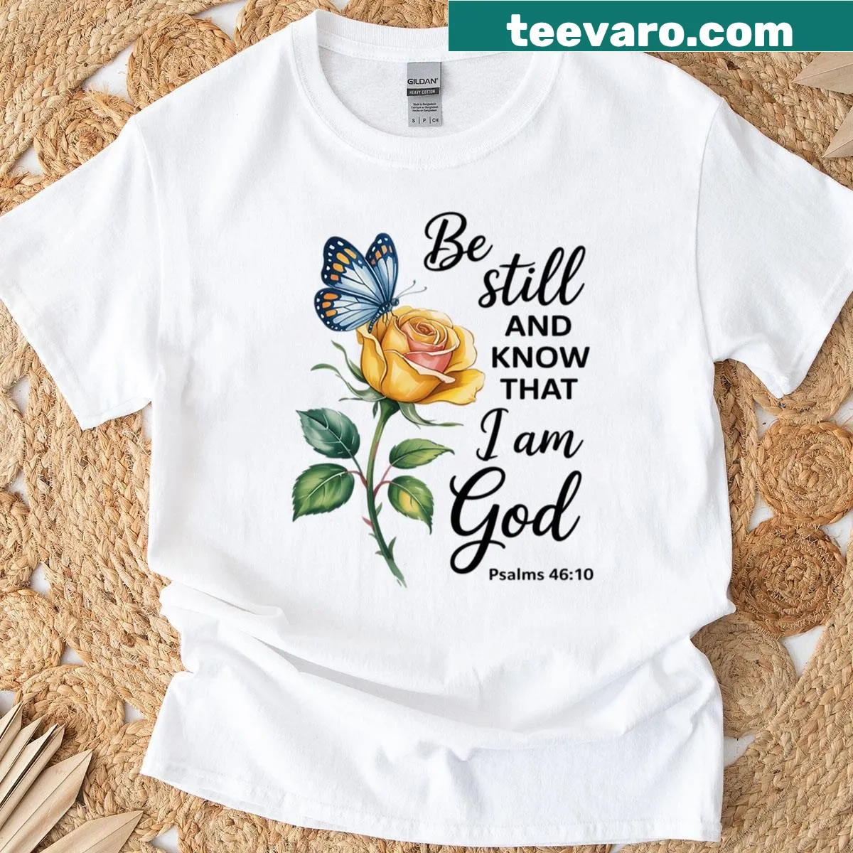 T-shirt featuring a Christian Bible verse from the Psalms in elegant typography. — on a men's t-shirt