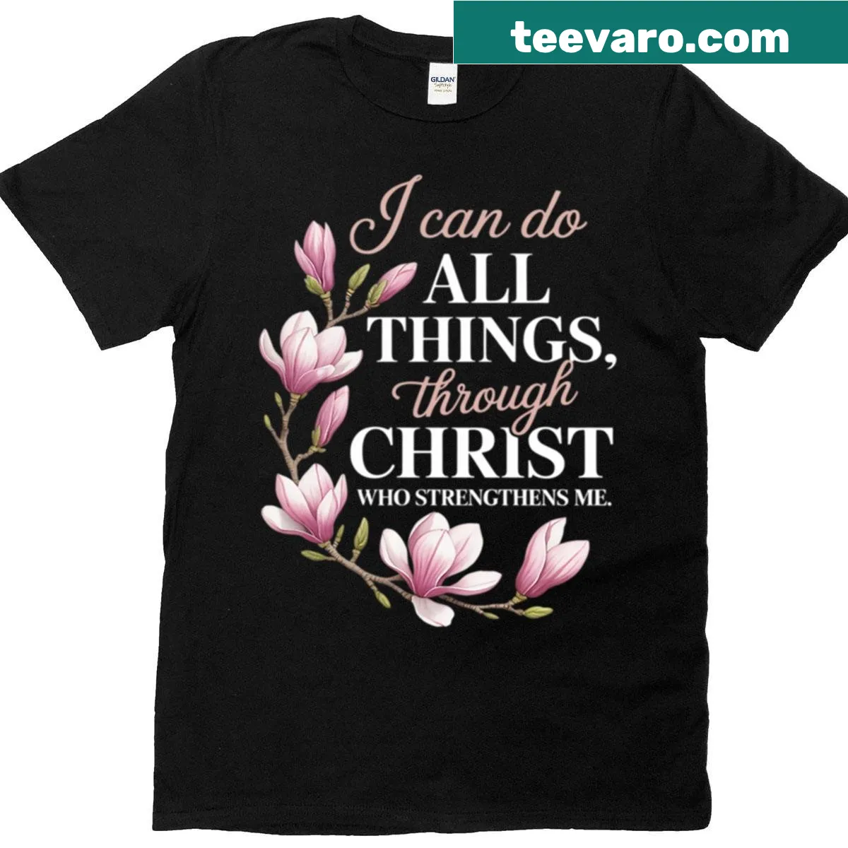 Inspirational t-shirt with 'I Can Do All Things Through Christ' and floral design — on a men's t-shirt