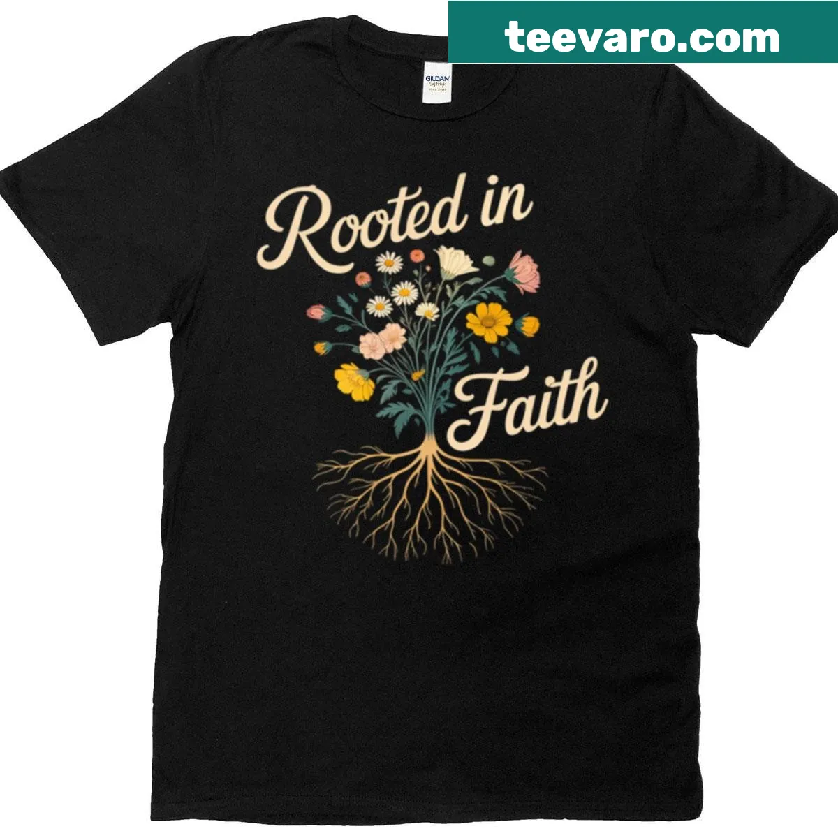 Watercolor floral T-shirt with 'Rooted In Faith' text — on a men's t-shirt