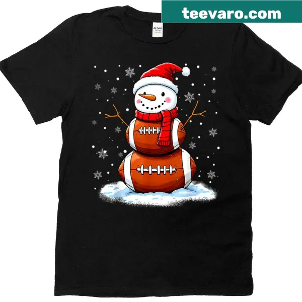 Christmas-themed T-shirt featuring a snowman playing football