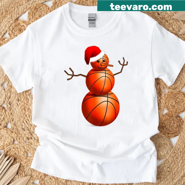 Basketball-themed snowman graphic on a Christmas shirt