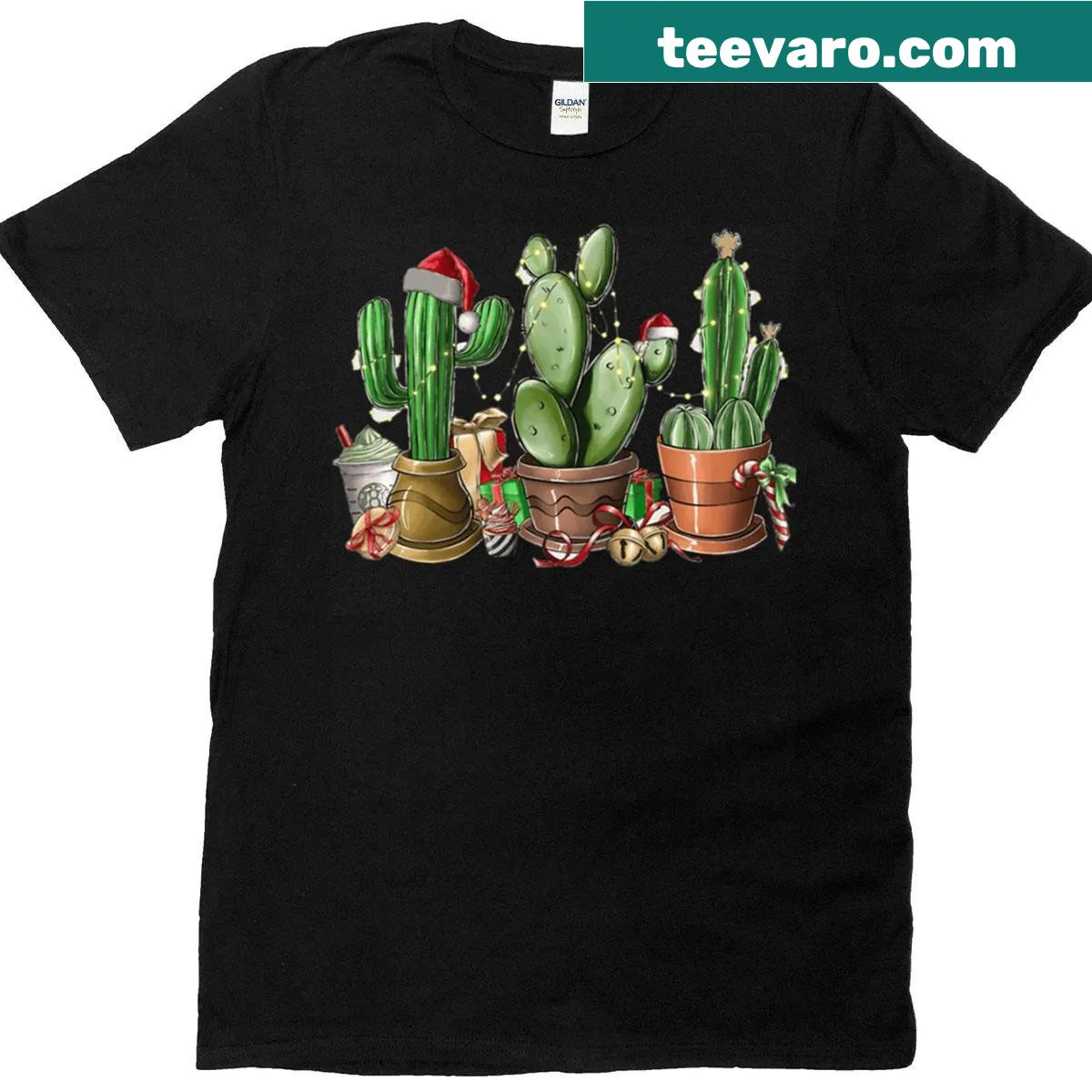 Cactus in a Santa hat surrounded by festive holiday pots — on a men's t-shirt